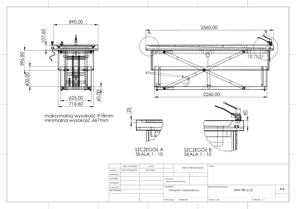 Technical drawing – Mortuary preparation table – PR16