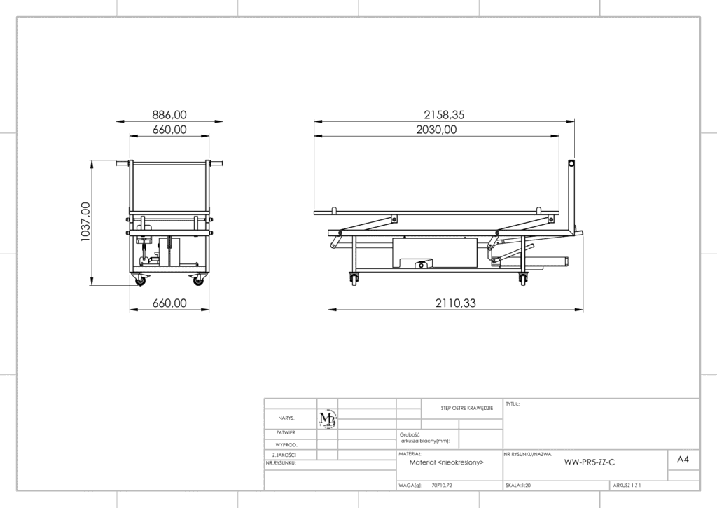 Technische Zeichnung – Hydraulischer Transportwagen mit Wanne – PR5T